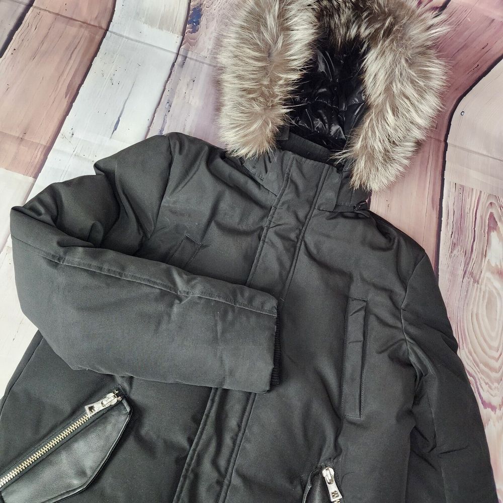 M. Benisti Size M Fur Leather Trim Down Parka Dual Zip Canadian High Fashion EUC